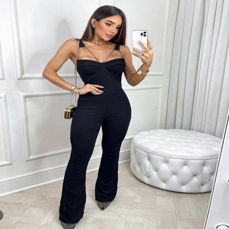Black backless jumpsuit with spaghetti straps and wide-leg flare