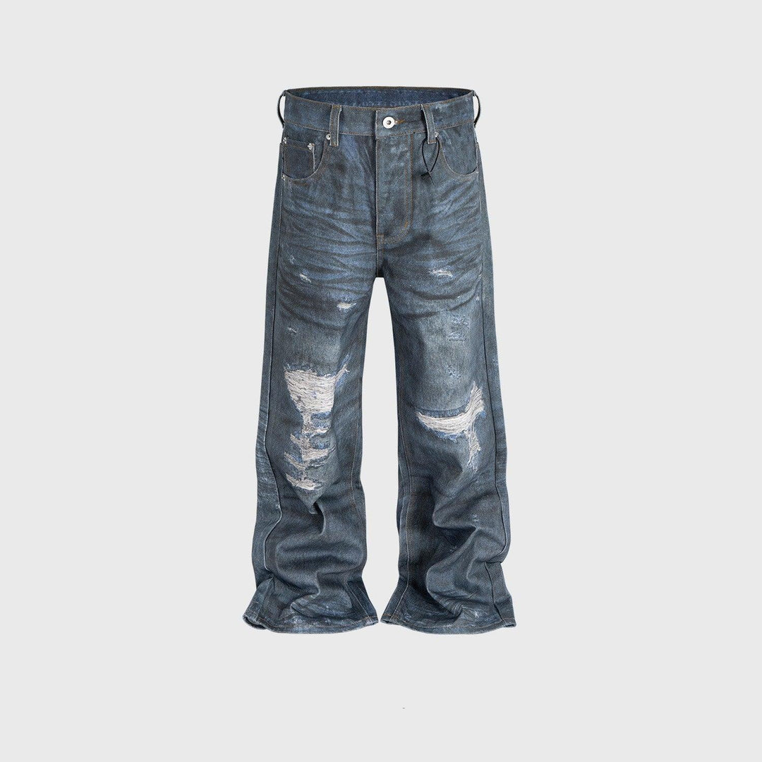 Blue washed denim straight trousers with distressed patches and belt loops