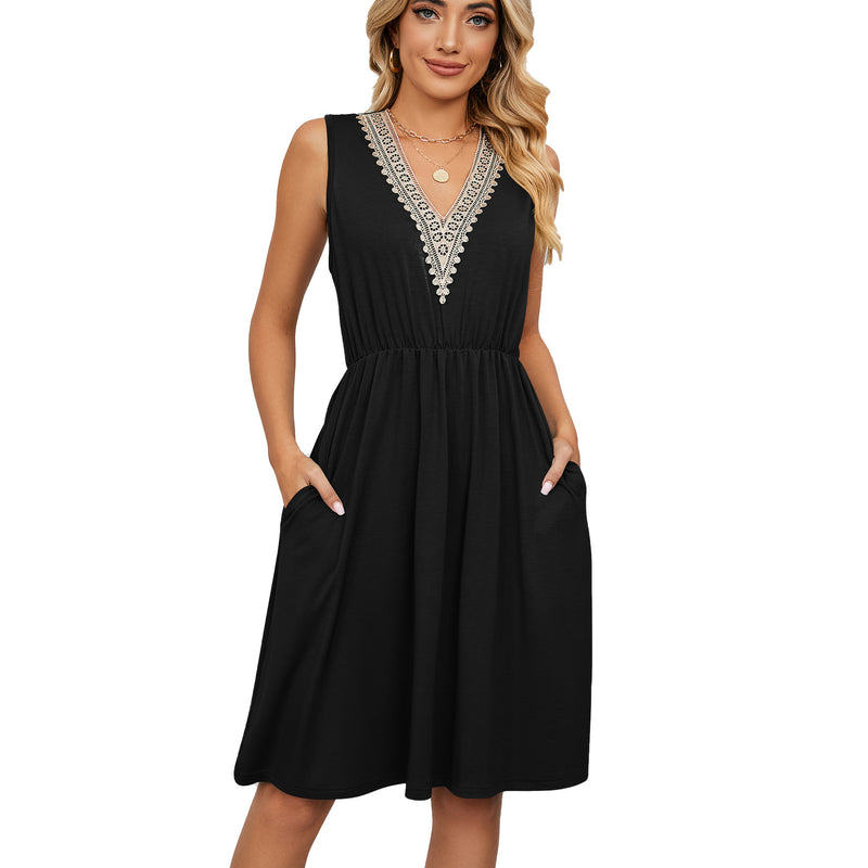 Lace Panel Sleeveless Dresss - WOMONA.COM