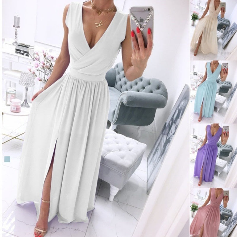 White sleeveless V-neck maxi dress with gathered waist and front thigh slit