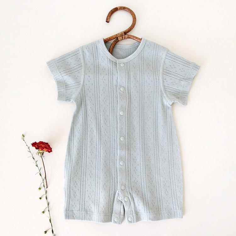 Baby knit one-piece romper, grey-blue, short sleeves, front buttons, snap closure