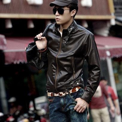 Men's short stand-collar coat, black faux leather, front zip with snap pockets