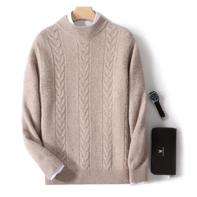 Men's wool half turtleneck sweater, camel beige cable knit with ribbed cuffs