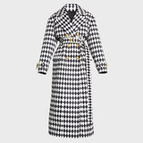 Black And White Diamond Grid Belt Long Trench Coat - WOMONA.COM