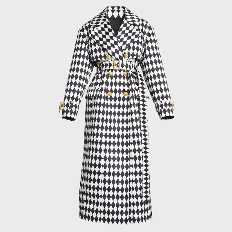 Black And White Diamond Grid Belt Long Trench Coat - WOMONA.COM