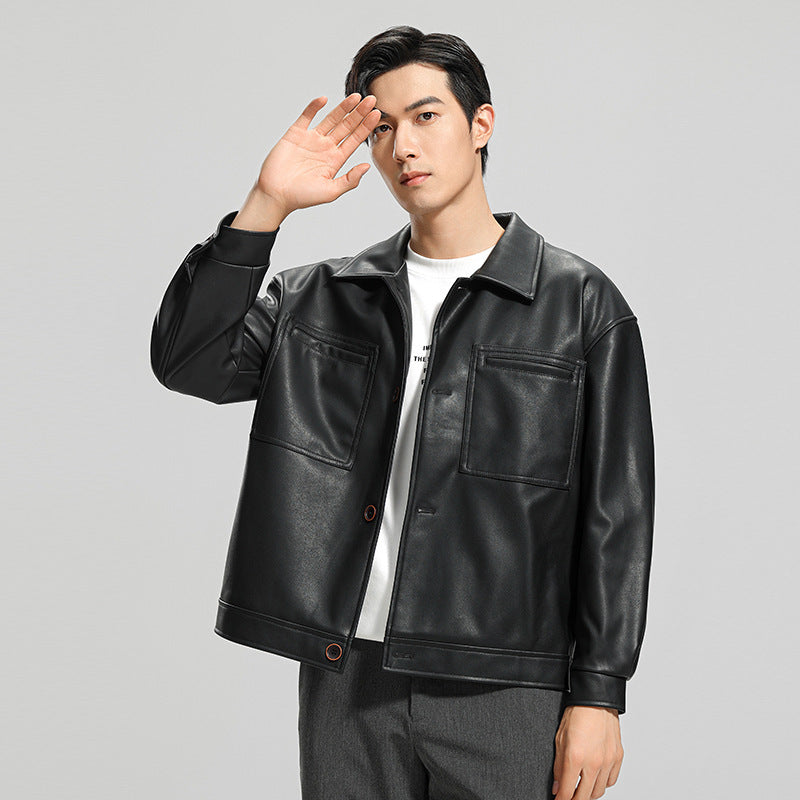 Fashion Youth Motorcycle Leather Coat Lapel Handsome Men's Jacket - WOMONA.COM