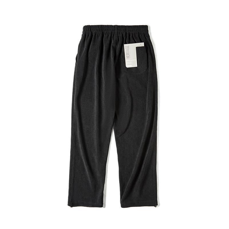 Charcoal black faux corduroy long pants with elastic waistband and relaxed straight fit