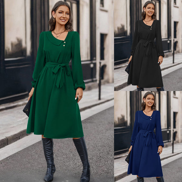 Autumn And Winter Irregular Collar Button Long Sleeve Dress - WOMONA.COM