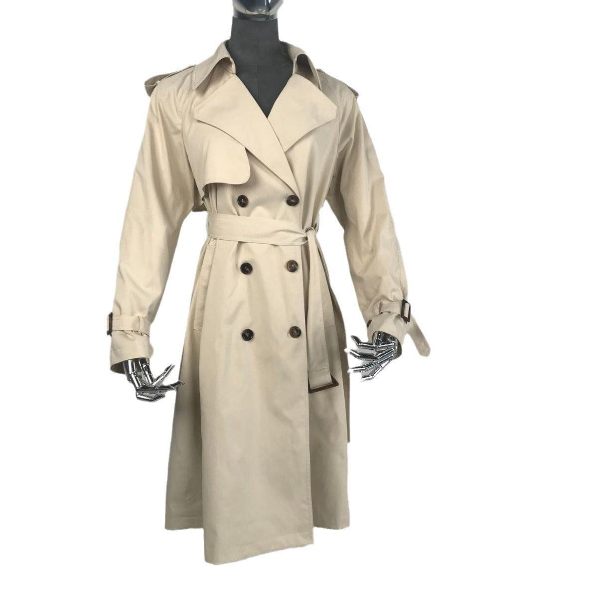Light beige double-breasted trench-style windbreaker with waist tie belt, long sleeves