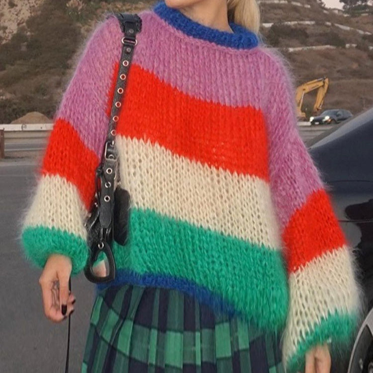Women's Crew-Neck Multicolor Lantern-Sleeve Sweater