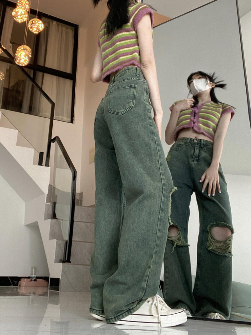 American Dark Green Torn Jeans With Wide Leg - WOMONA.COM