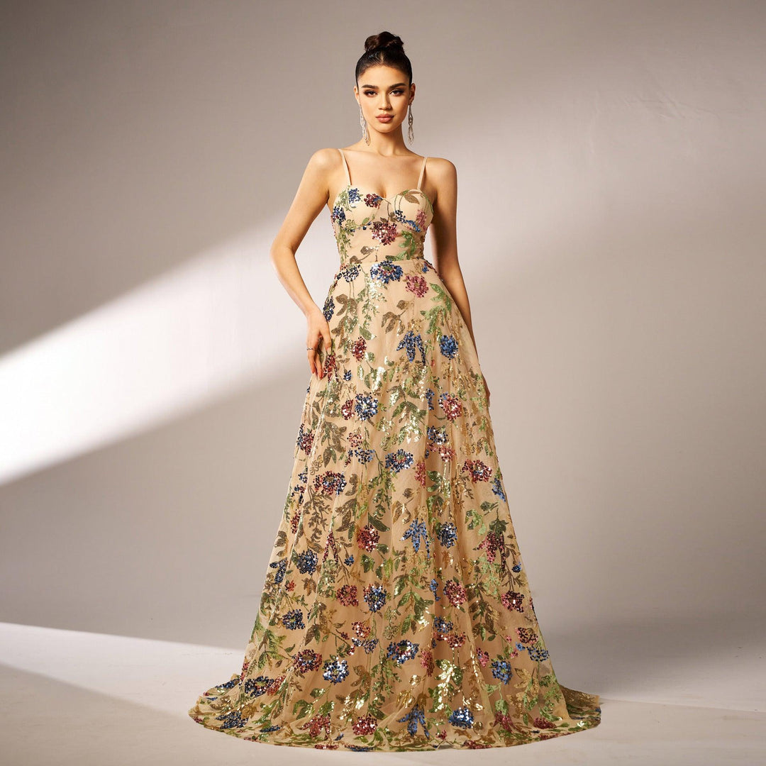Apricot sequined evening dress with floral pattern and thin spaghetti straps