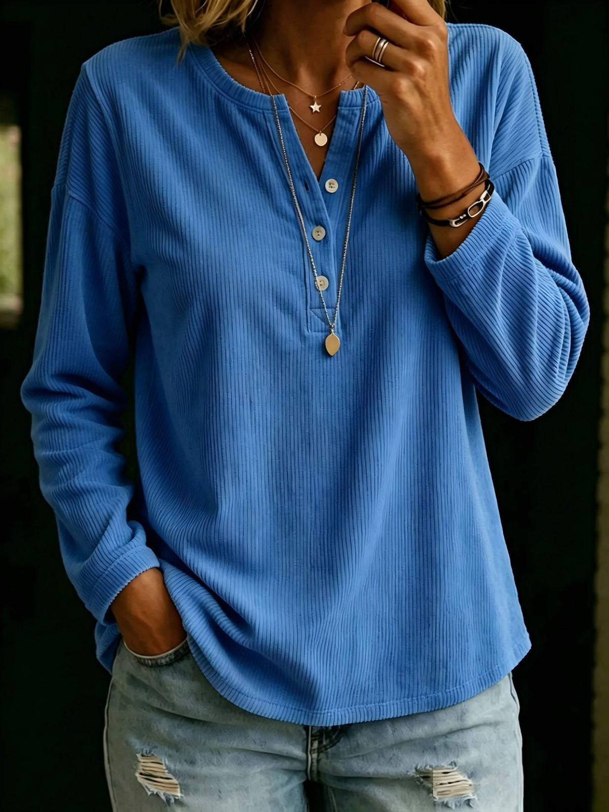 Women's Casual V-Neck Button-Down Relaxed-Fit Corduroy Long-Sleeve Top - product image 10