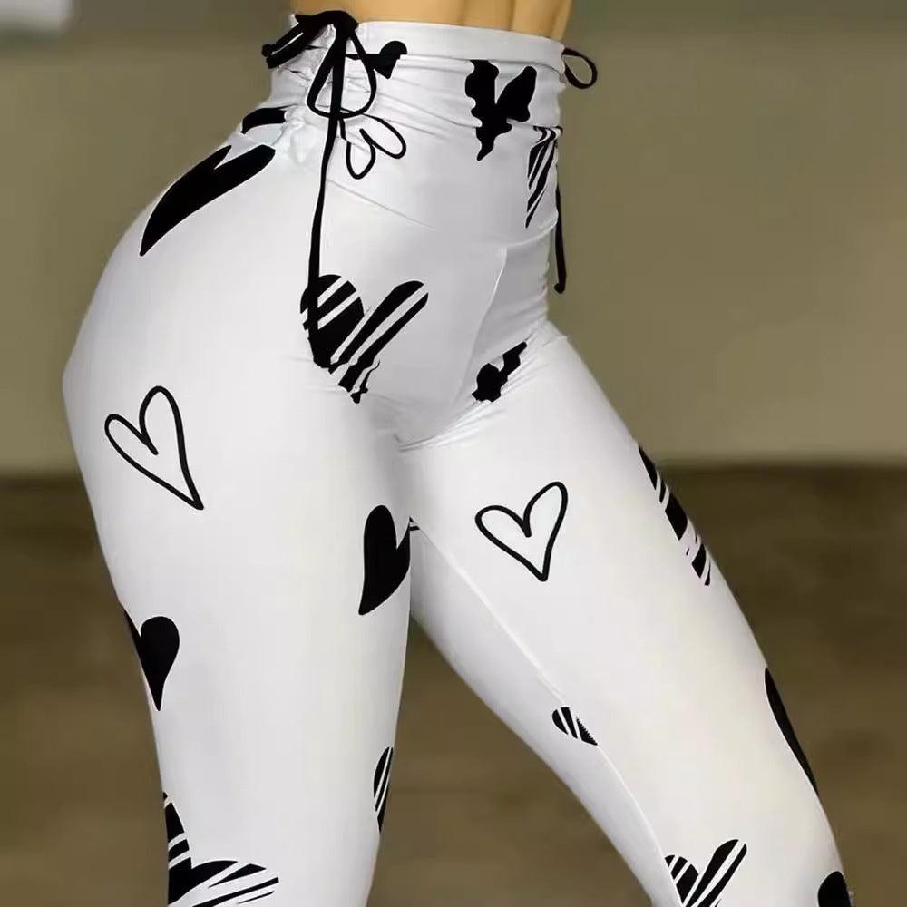 Drawstring Heart Print Yoga Sports Hip-hop Fitness Leggings - WOMONA.COM