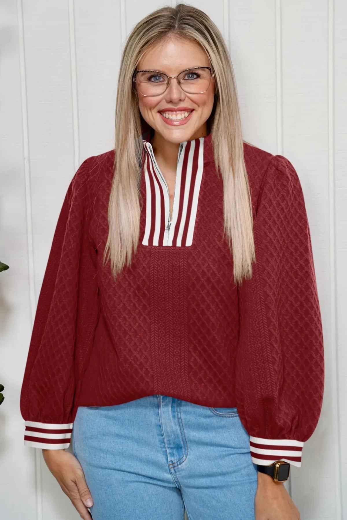 Women's Red Diamond-Knit Zip-Neck Sweater, Racing Red - product view 4