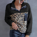 Plush Leopard Print Color Block Casual Sweater - WOMONA.COM