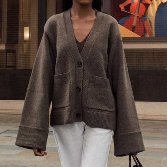 Brown women's cardigan coat front view with V-neck, buttons, and two patch pockets