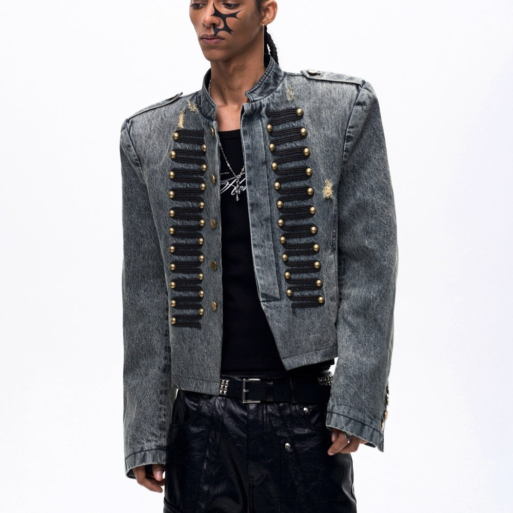 Men's Button-Detail Stand-Collar Denim Jacket - product view 1