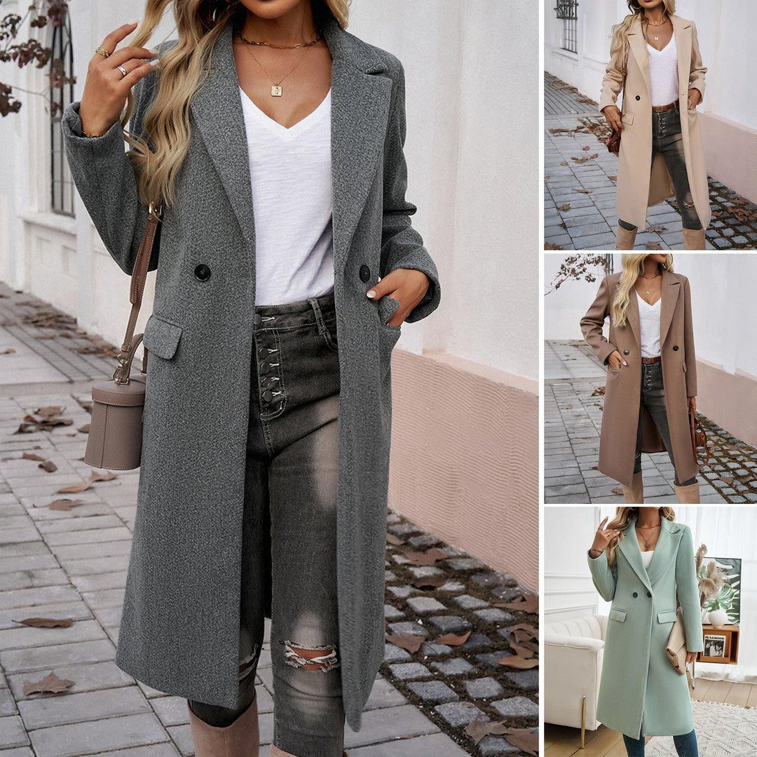 Long dark gray turn-down collar coat with button front and flap pockets