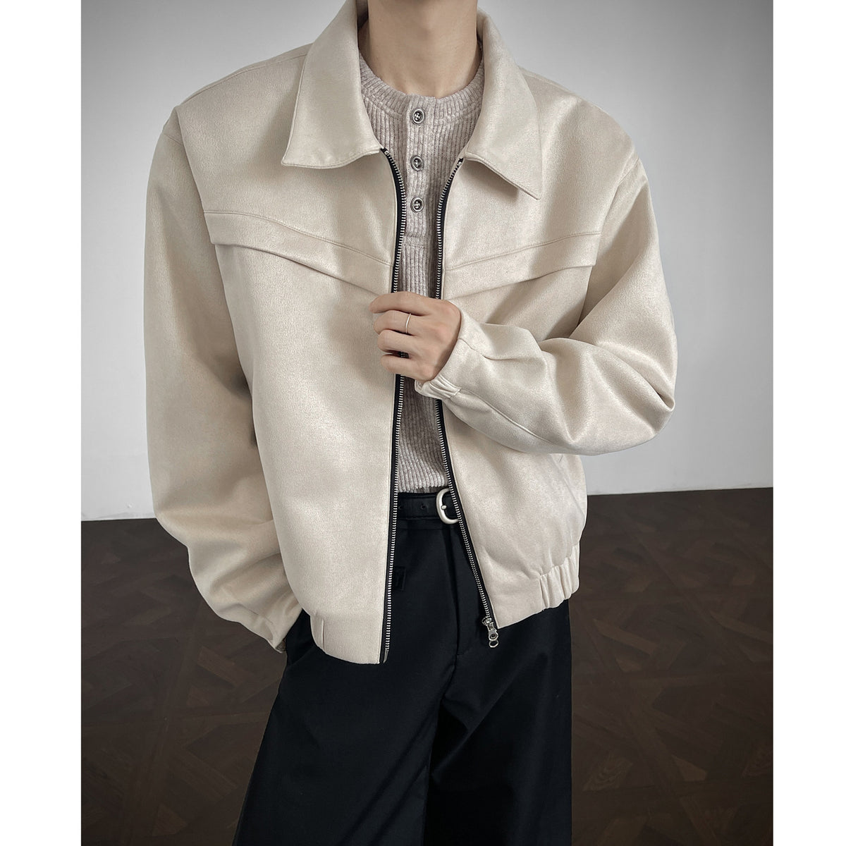 Men's cream velvet zip-up jacket with wide lapels and flap chest pockets