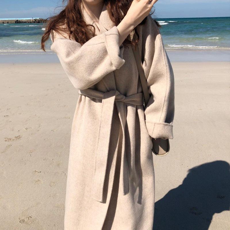Oatmeal lapel wool coat with waist tie belt, long sleeves