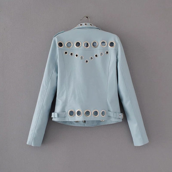 Ladies Fashion Hollow Pu Leather Jacket - WOMONA.COM