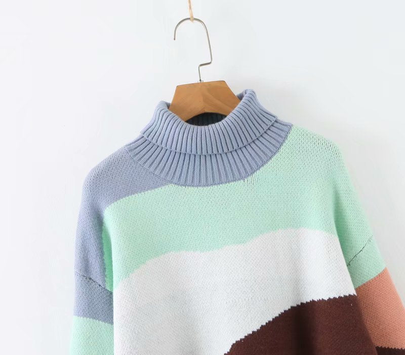 Vintage high collar multicolor sweater - WOMONA.COM