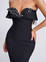 Women's Sequined Low Cut Strapless Black dress - WOMONA.COM