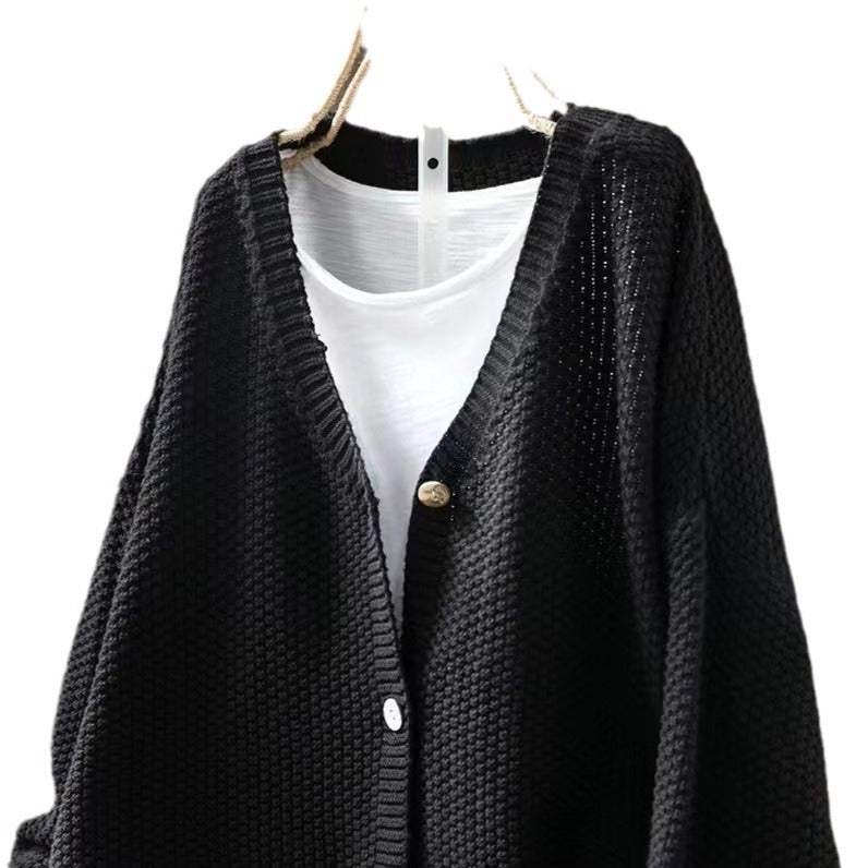 V-neck Long-sleeved Single-breasted Knitted Cardigan Sweater - WOMONA.COM