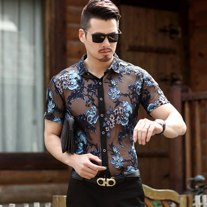 Men's Short-sleeved Floral Thin Hollow Non-iron Ice Silk Shirt - WOMONA.COM