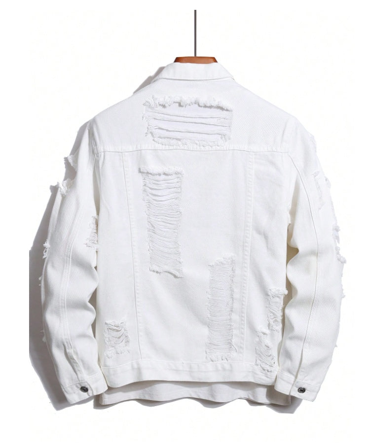 Loose-fitting white denim jacket with ripped back and distressed patch details