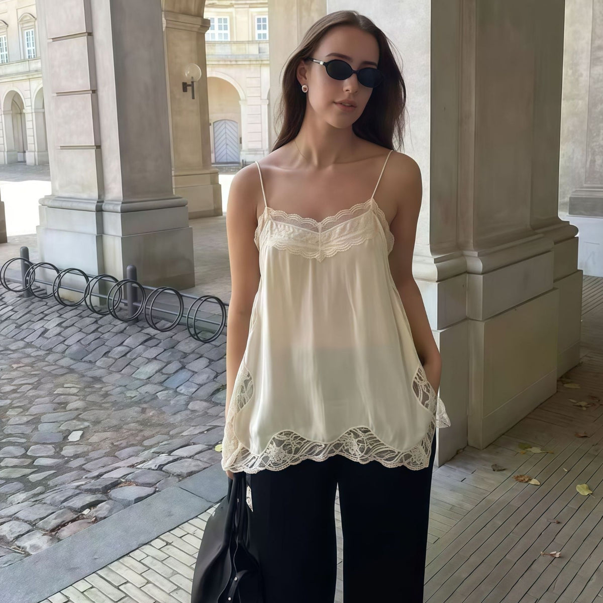 Women's French-style camisole in light ivory with lace trim and scalloped hem