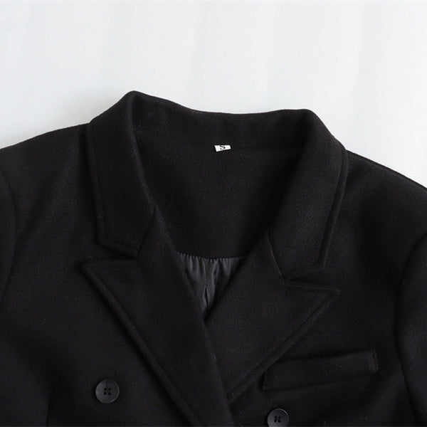 Women's Black Double Breasted V-neck Woolen Overcoat Coat