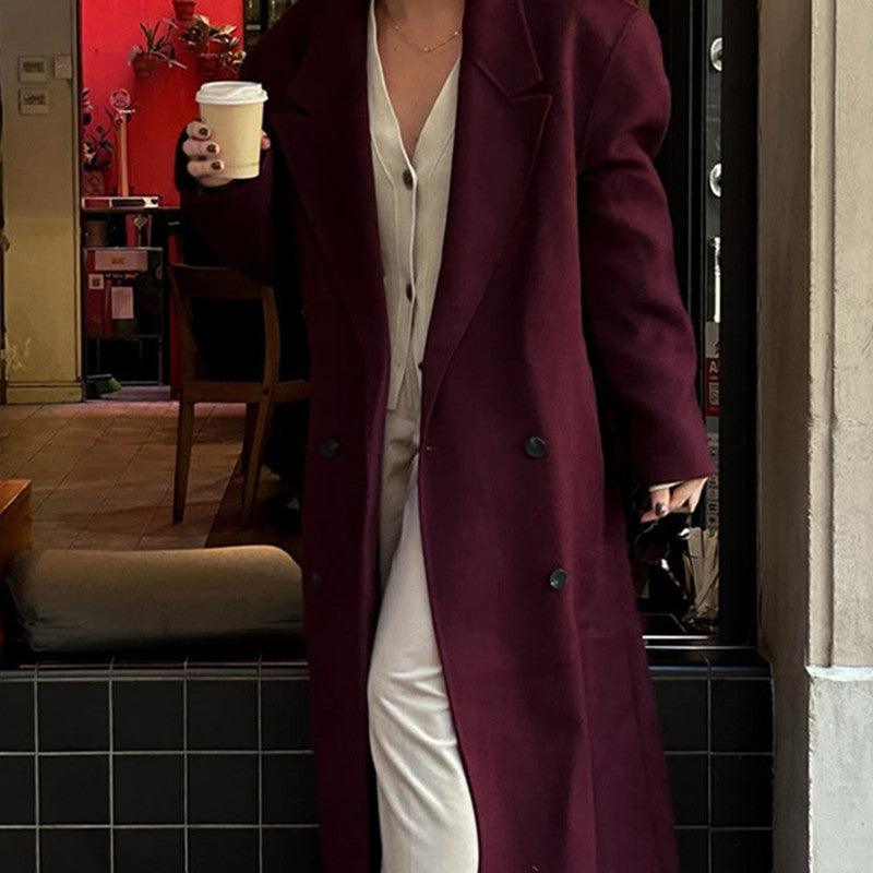 Wine red long double-breasted blazer with notch lapels and long sleeves