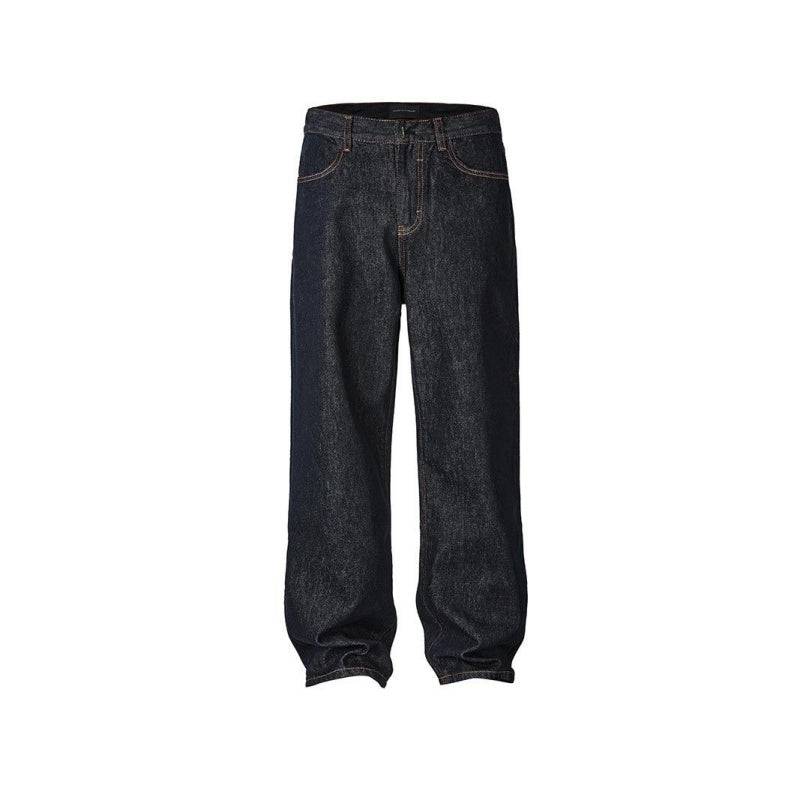Loose wide-leg dark blue jeans with button waistband and orange-stitched seams
