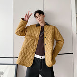 Argyle-patterned Leather Lapel Thin Cotton-padded Jacket - WOMONA.COM