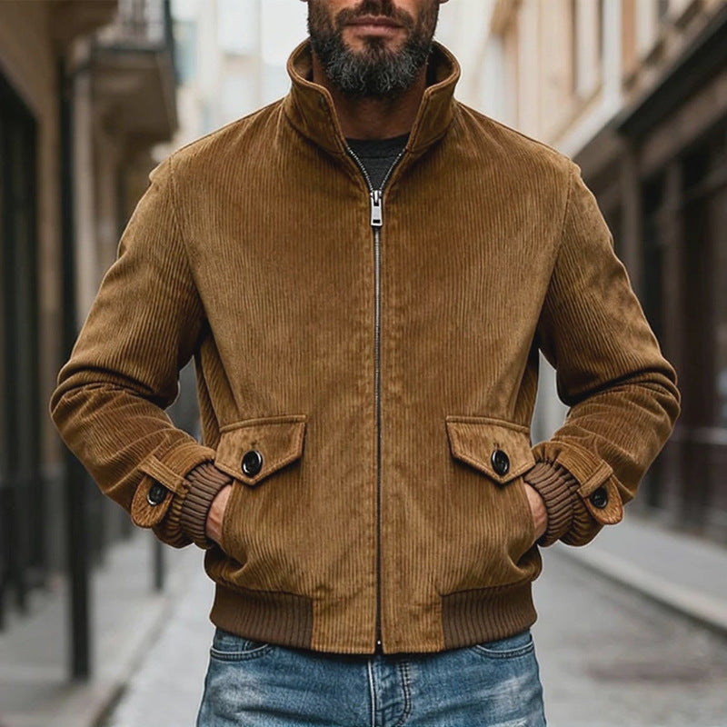 Men's Slim Corduroy Zip-Front Bomber, Brown - product view 1
