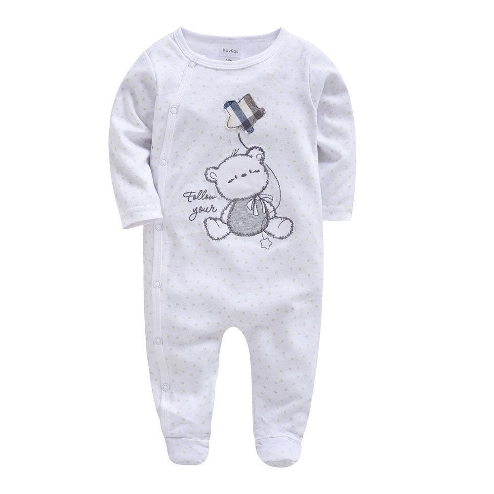 Light gray newborn footie romper with teddy bear graphic and long sleeves