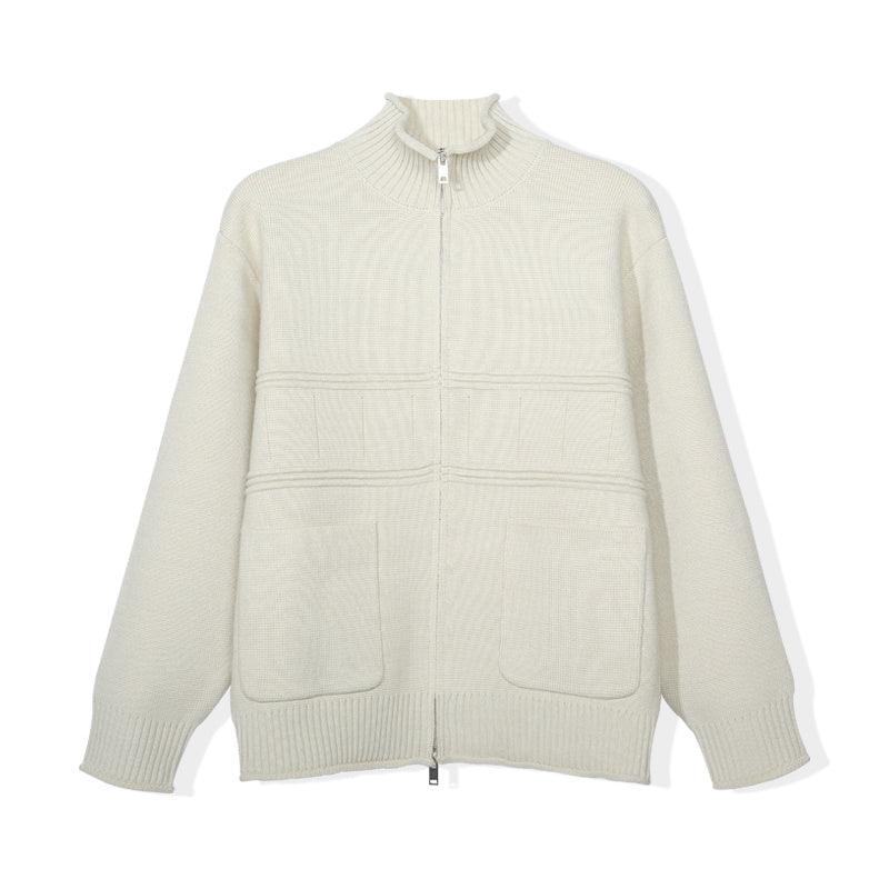 Beige knit zip-up sweater coat with stand collar and front patch pockets