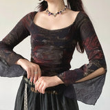 Retro Mesh Floral Print Top Hot Girl - WOMONA.COM