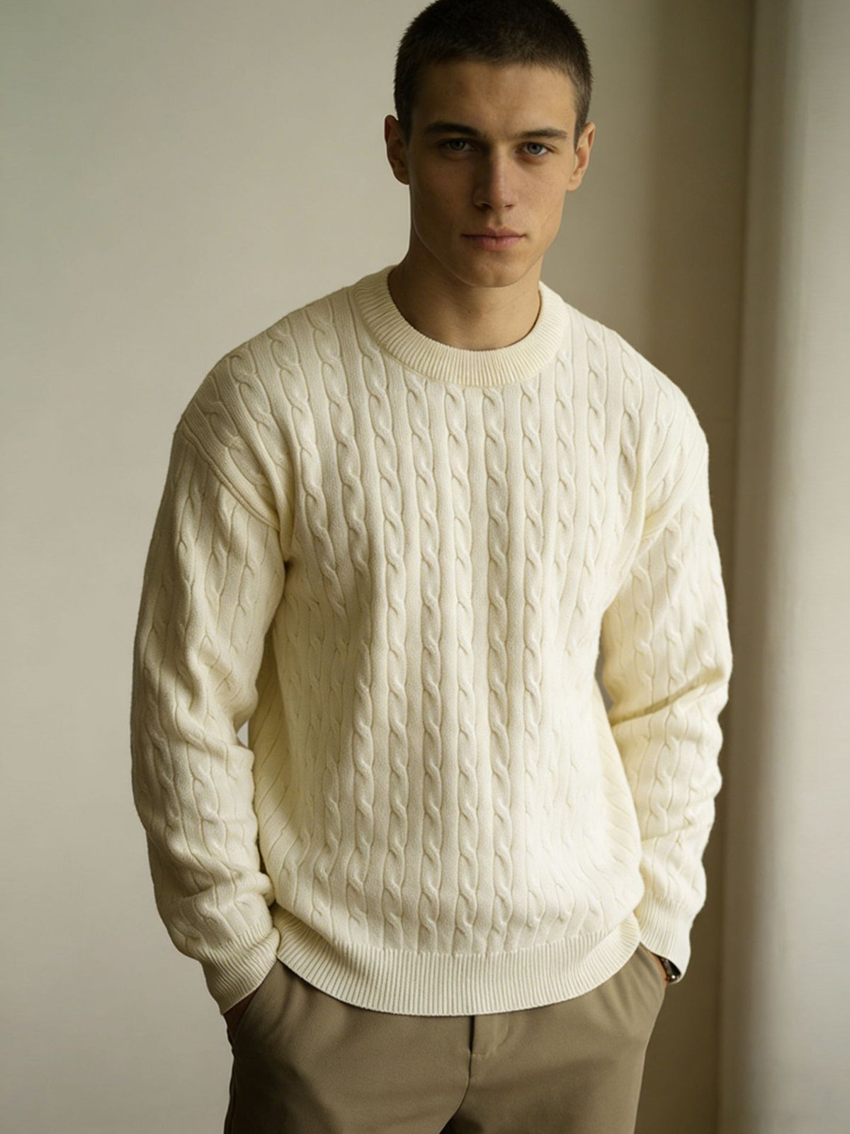 Men's Relaxed Flecked Crew-Neck Sweater, Beige - product view 6