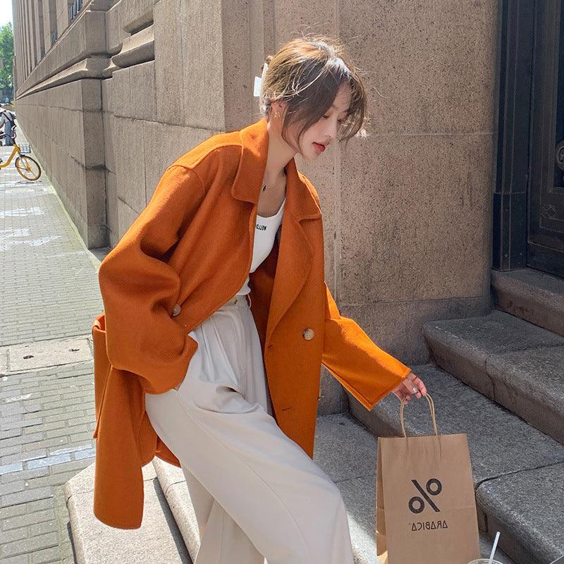 Women’s mid-length double-faced cashmere coat, orange, button front, notched lapels