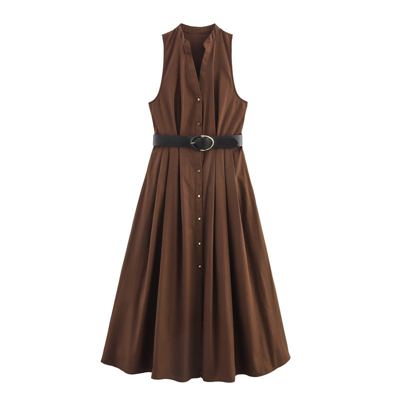 Women's brown sleeveless asymmetric midi dress with belt