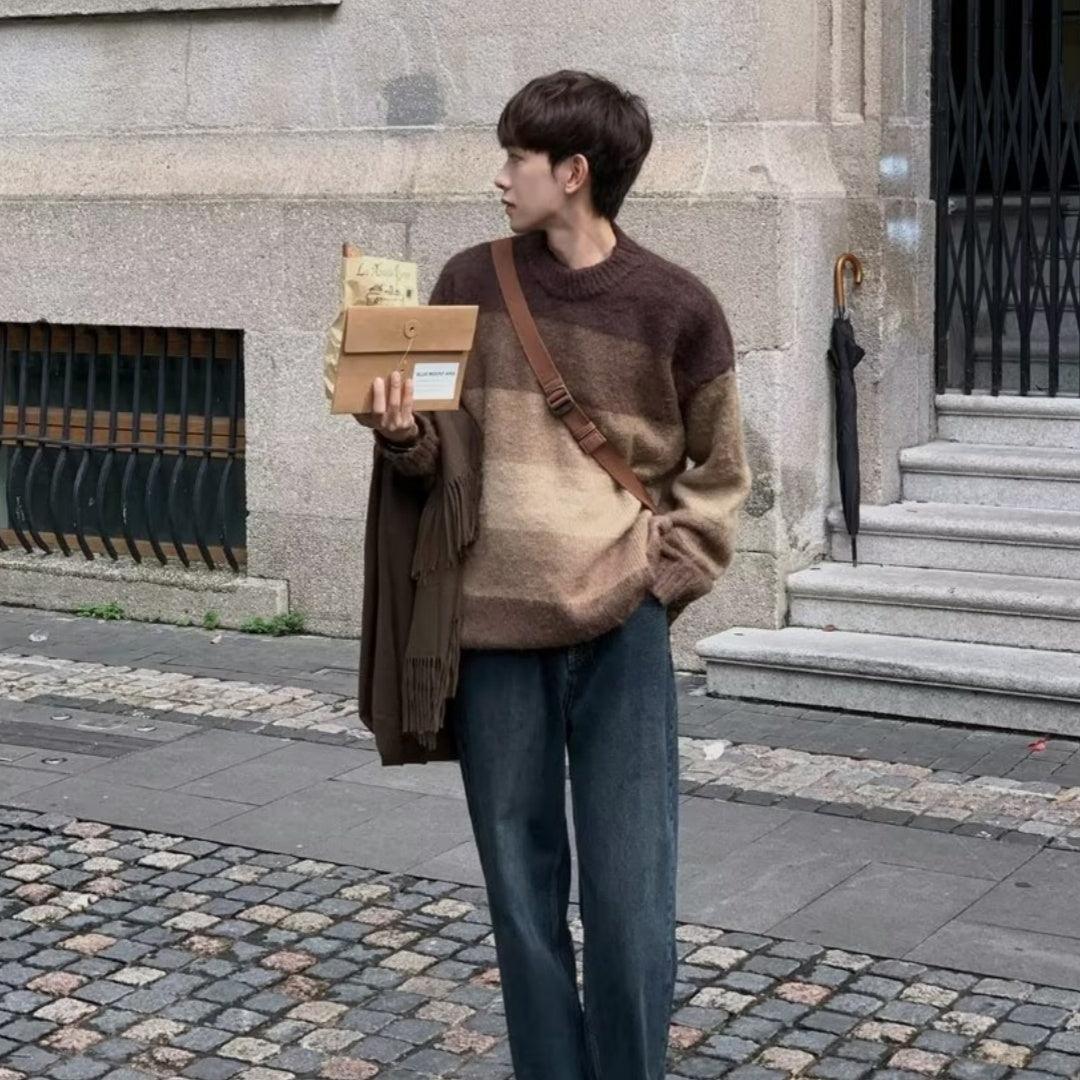 Men's Idle Style Vintage Brown Striped Loose Sweater - WOMONA.COM