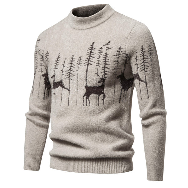 Warm Deer Printed Round Neck Sweater - WOMONA.COM