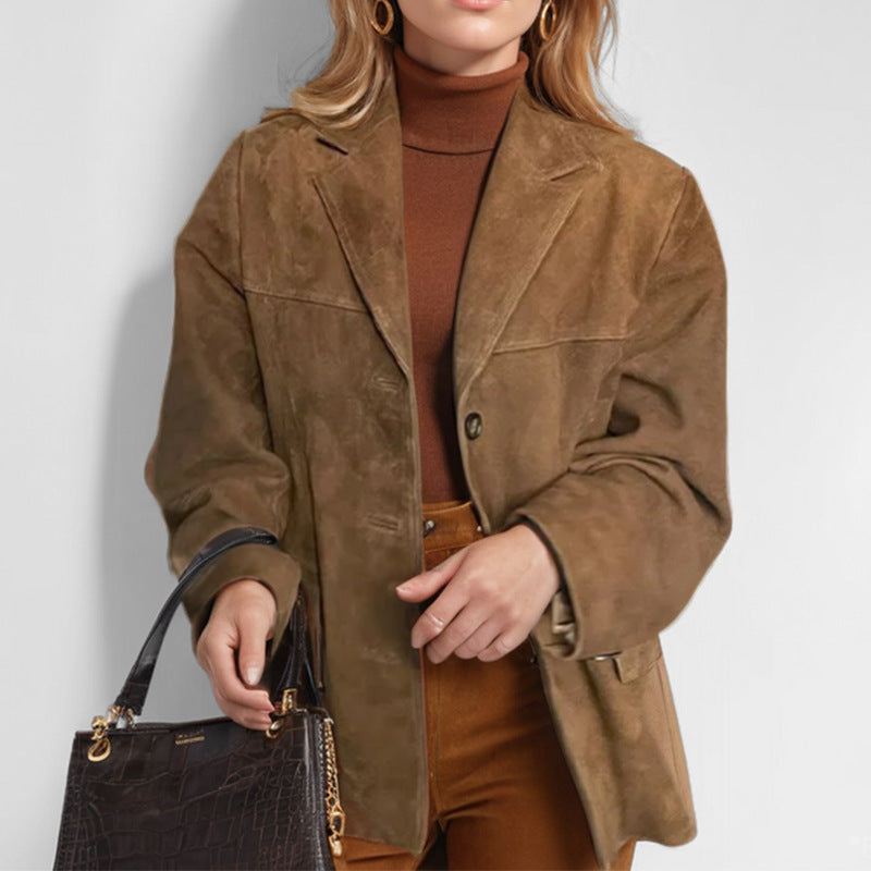 Women's suede-look loose-fit blazer, long sleeves, front pockets, brown