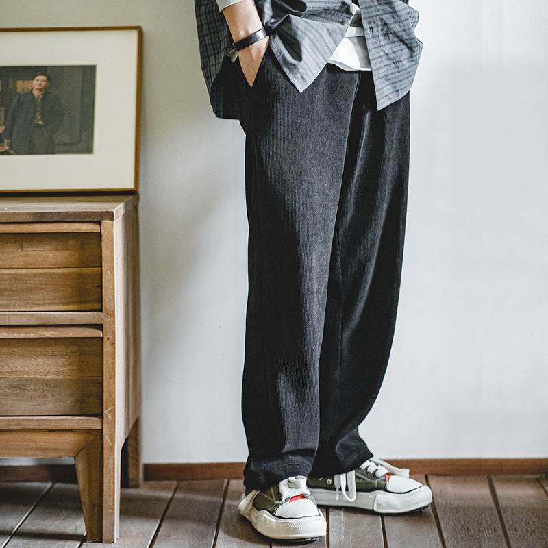 Charcoal black faux corduroy long pants with elastic waistband and straight leg