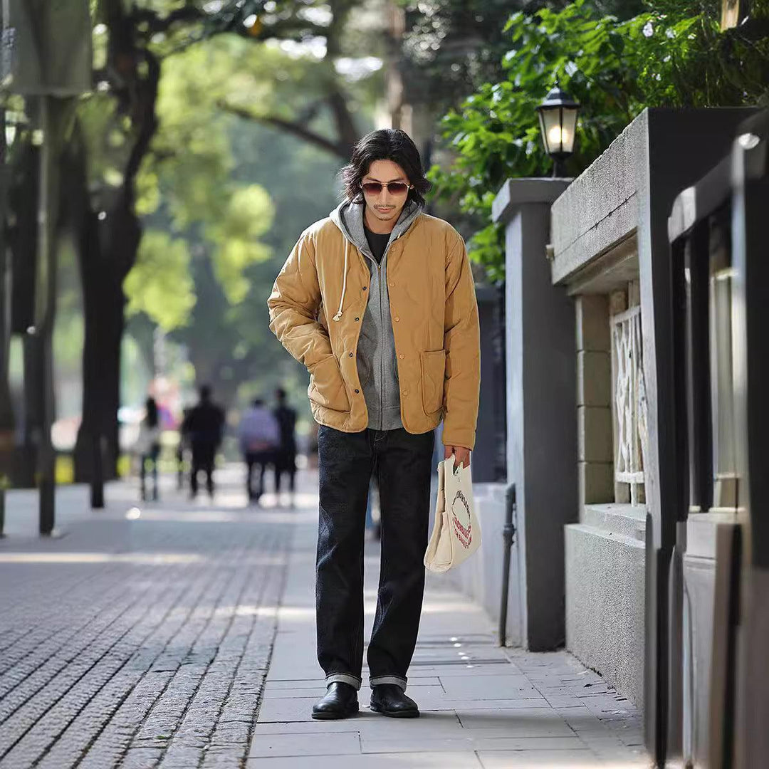 Men's quilted cotton padded coat, tan, button-front with two flap pockets