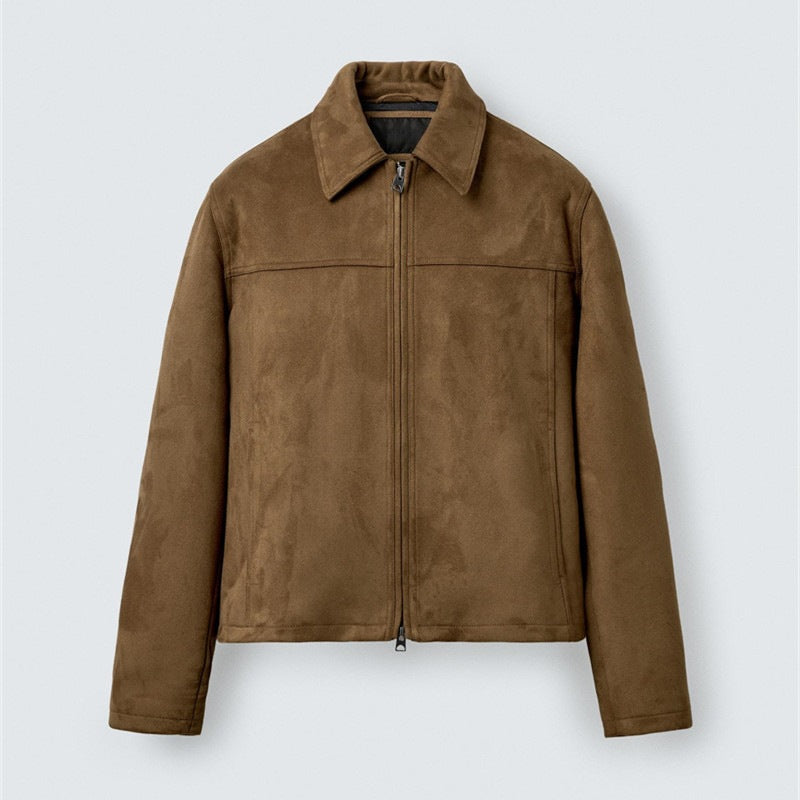 Mens suede-textured jacket, brown, zip-front with stand collar and chest yoke panels