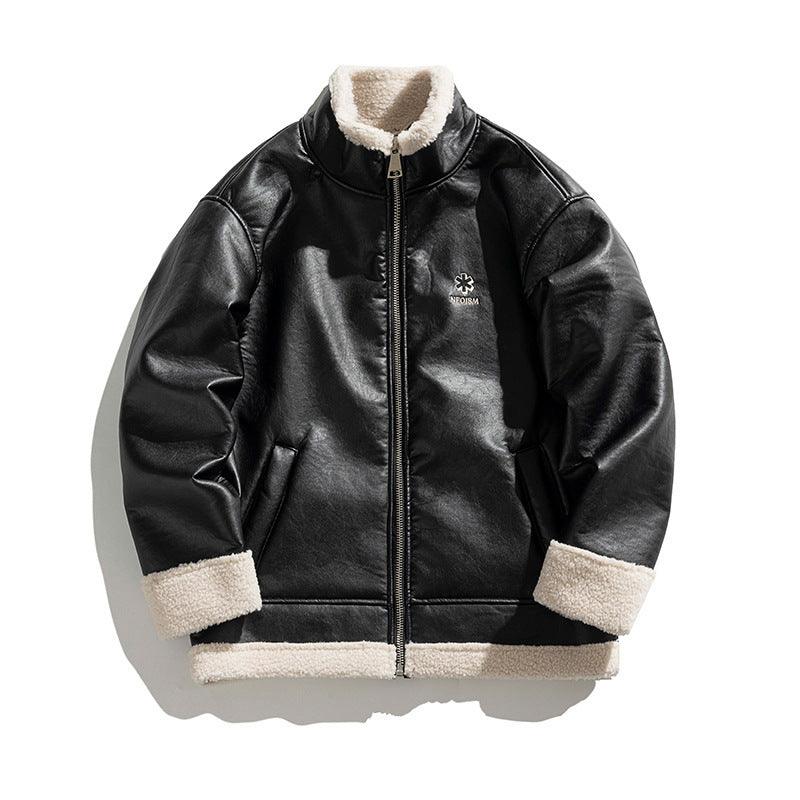 Lambswool PU Leather Thickened Warm Cotton Jacket - WOMONA.COM